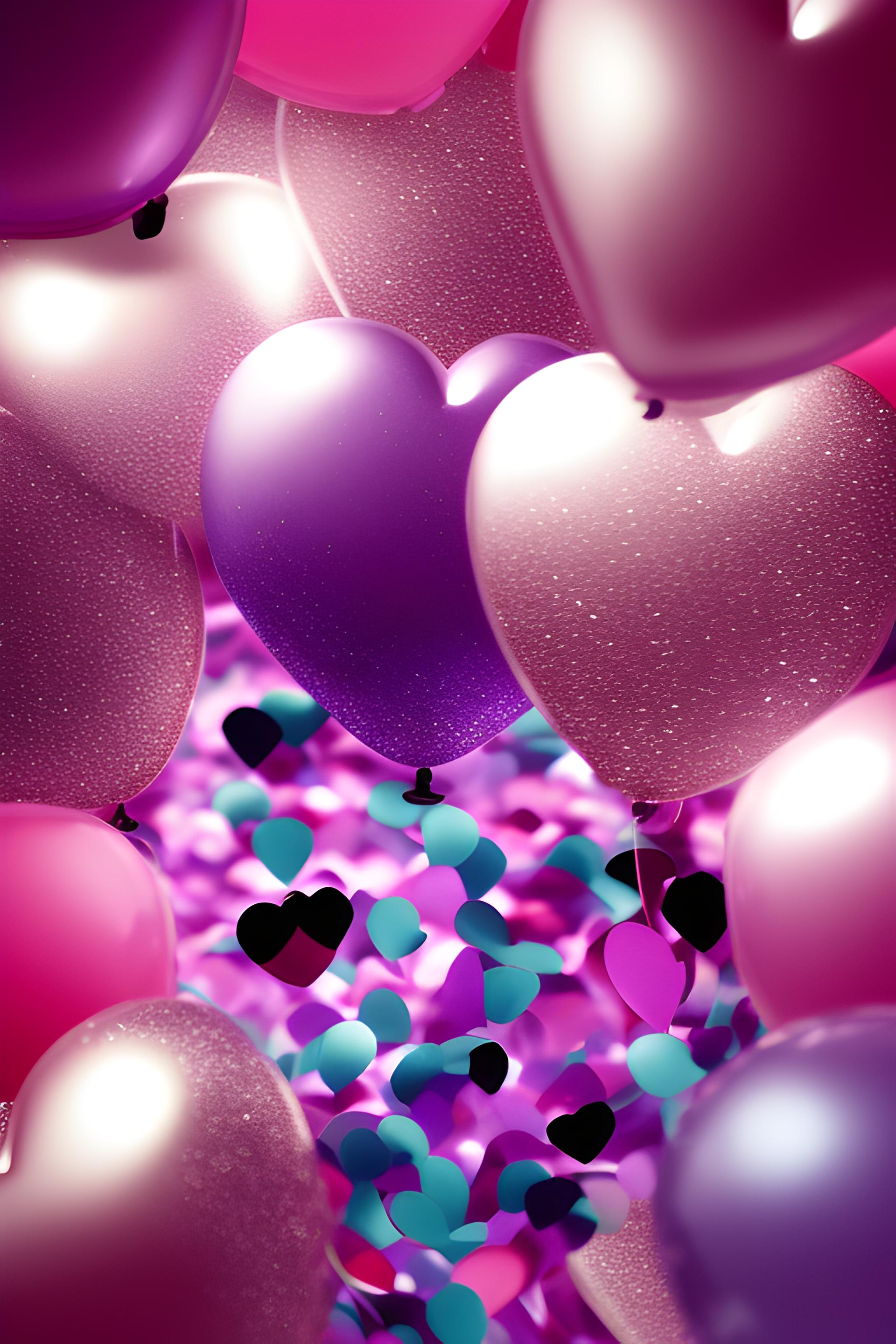 A set of four transparent, pink, heart-shaped balloons with glitter and small red heart accents ins…